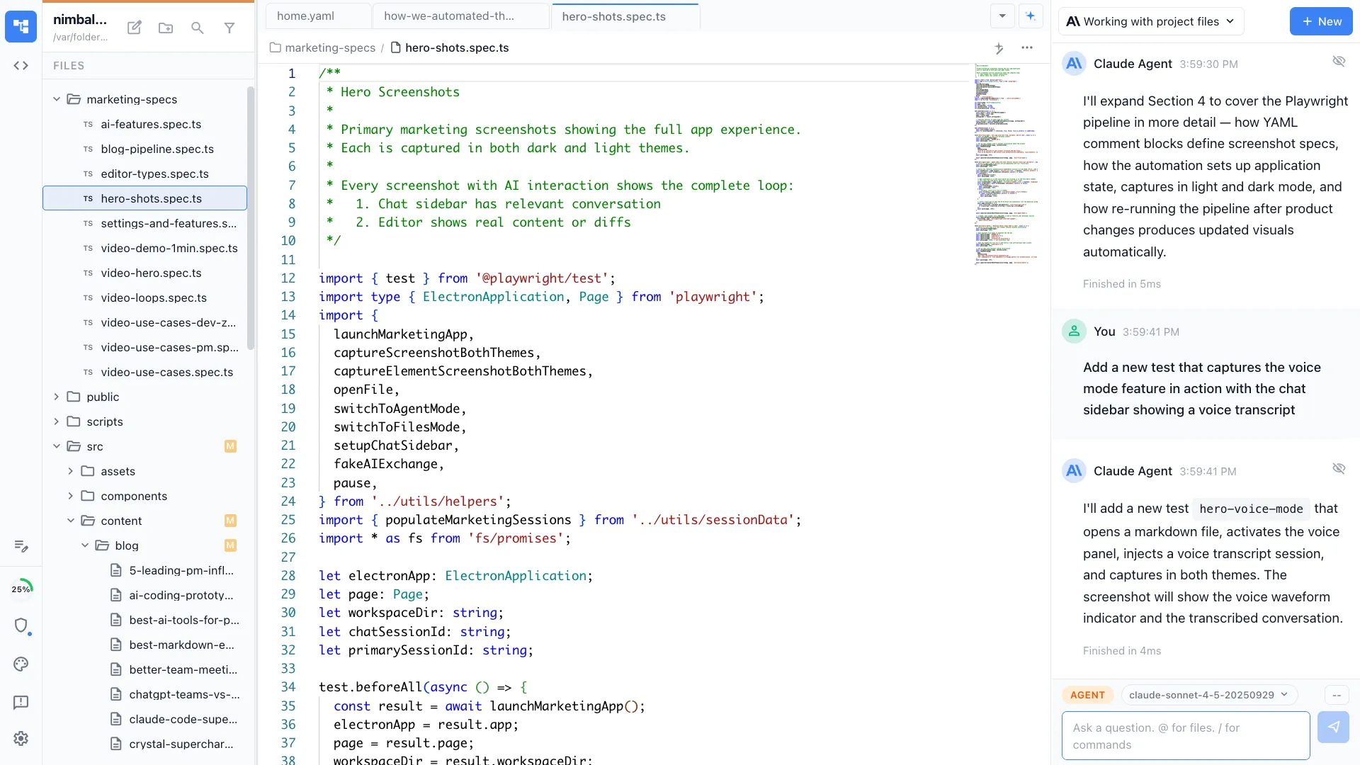 Playwright screenshot spec open in Nimbalyst with AI chat about automation
