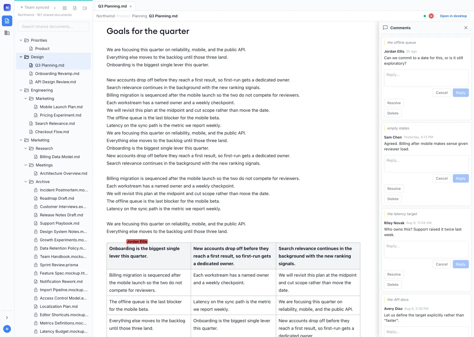 A shared plan open in a browser at console.nimbalyst.com, with a teammate’s labeled cursor in the document and a comments panel showing review threads and replies