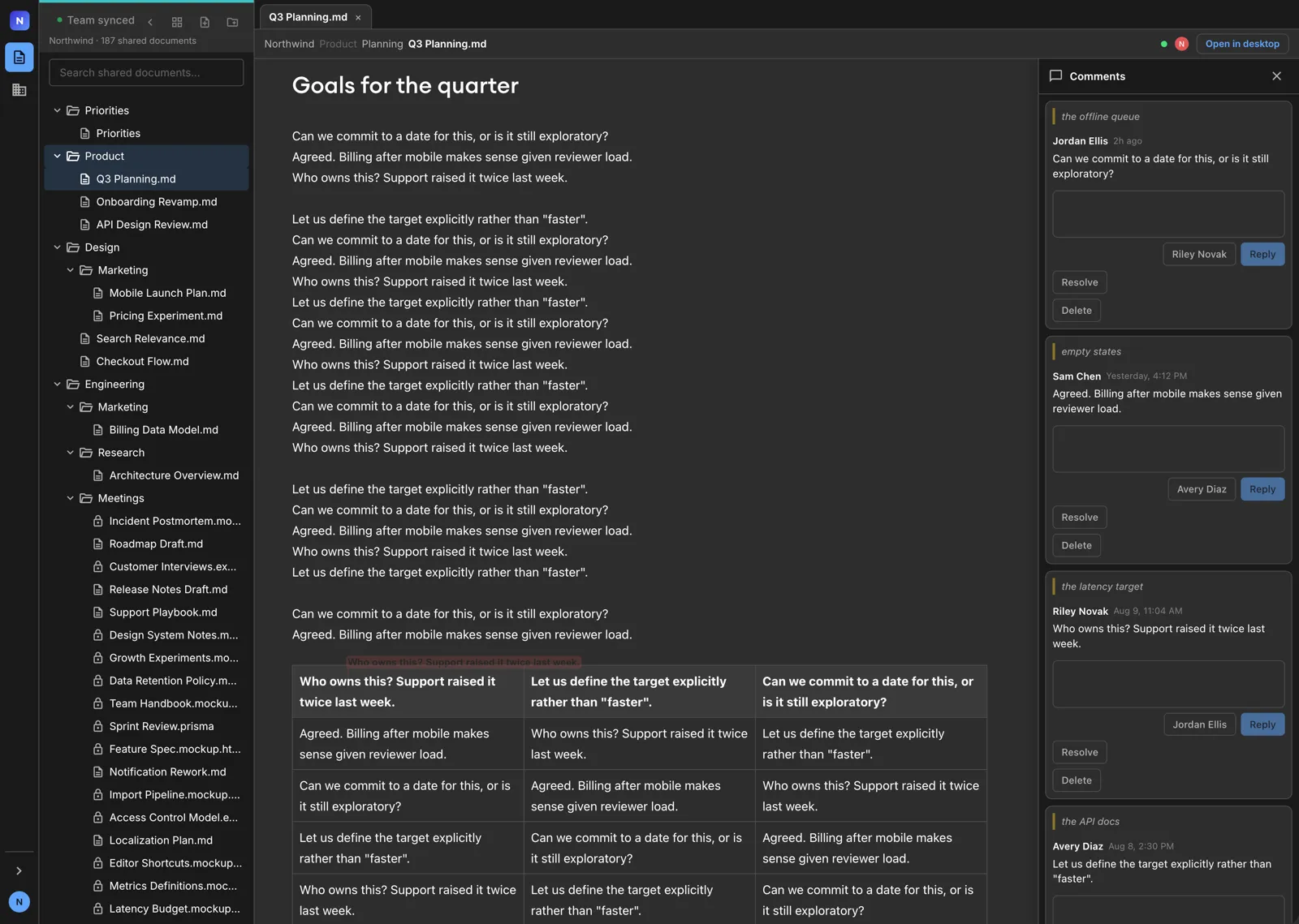 A shared plan open in a browser at console.nimbalyst.com, with a teammate’s labeled cursor in the document and a comments panel showing review threads and replies