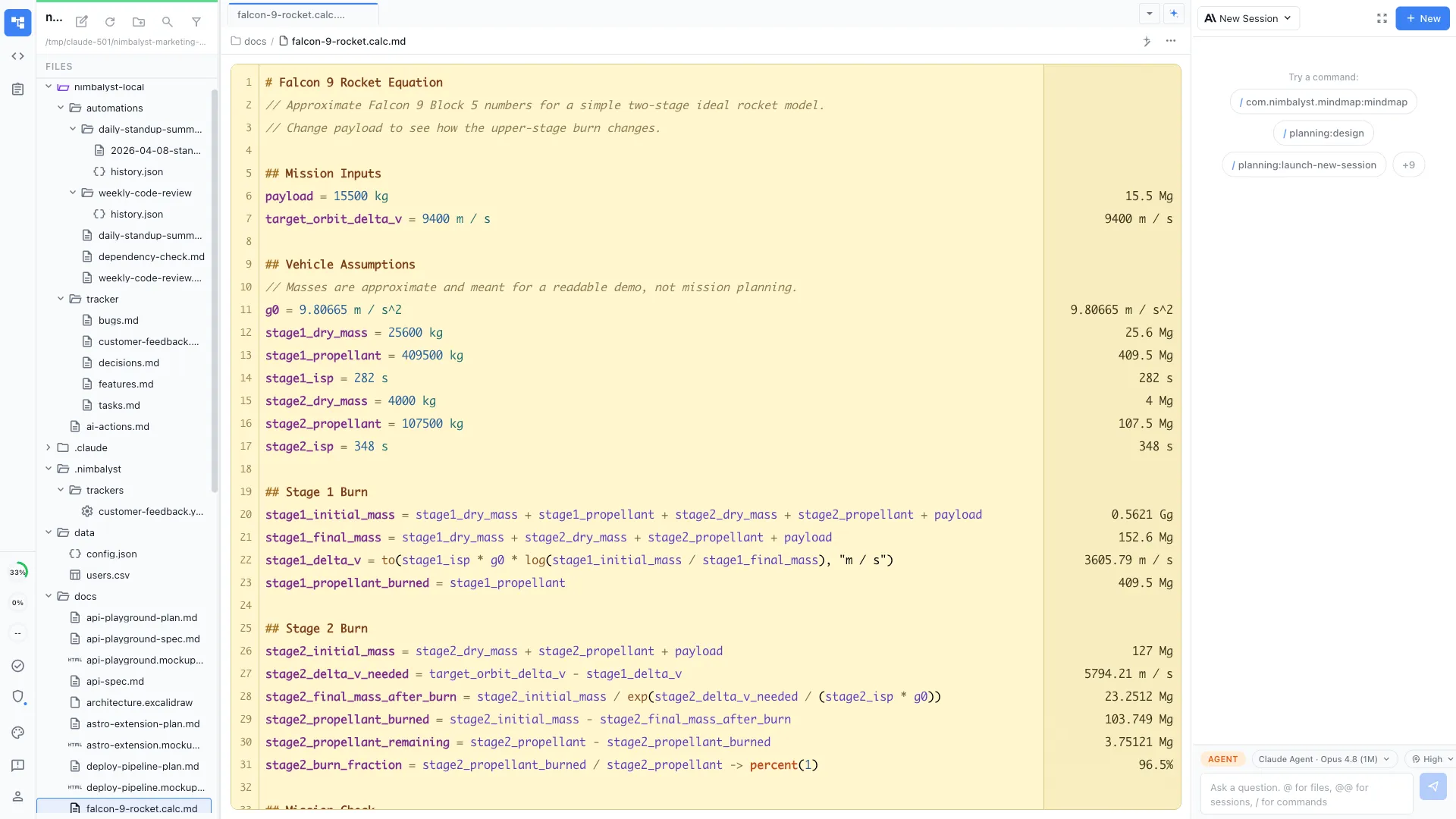 Calc Sheet worksheet with live results and Claude Code and Codex sidebar