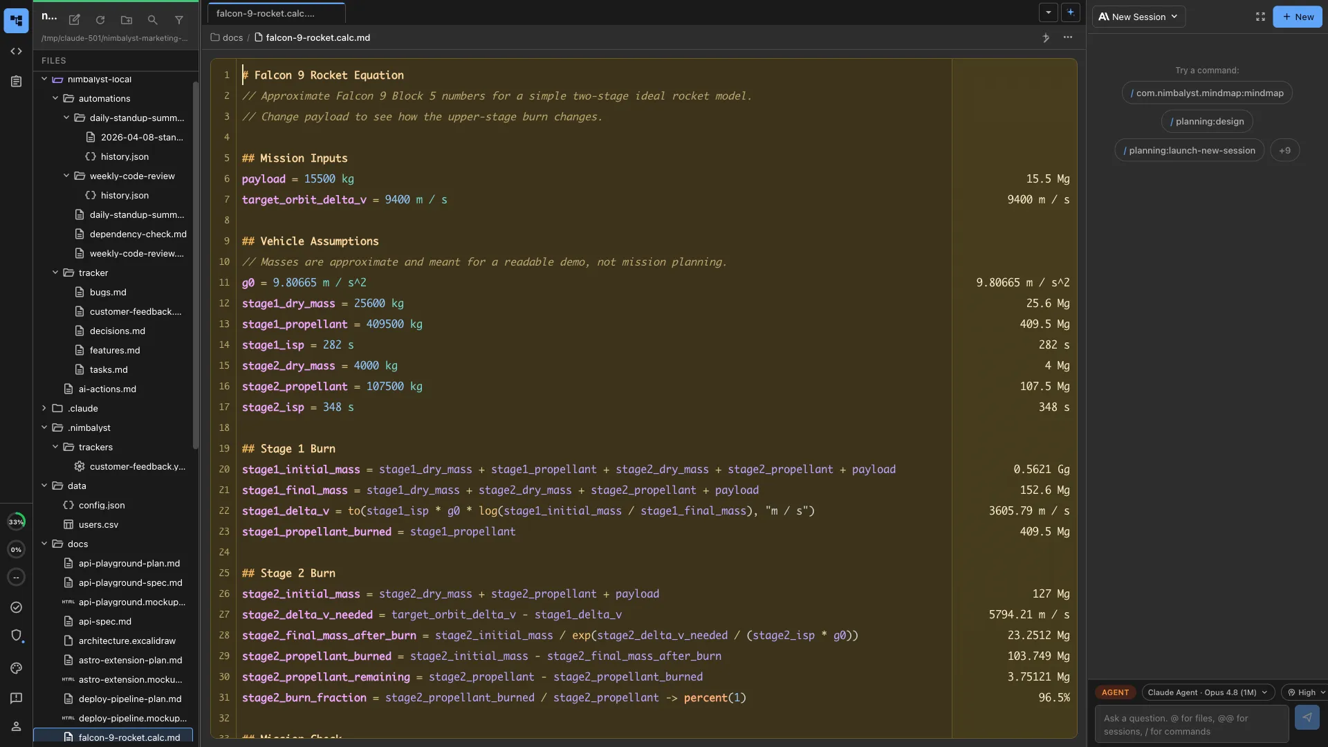Calc Sheet worksheet with live results and Claude Code and Codex sidebar