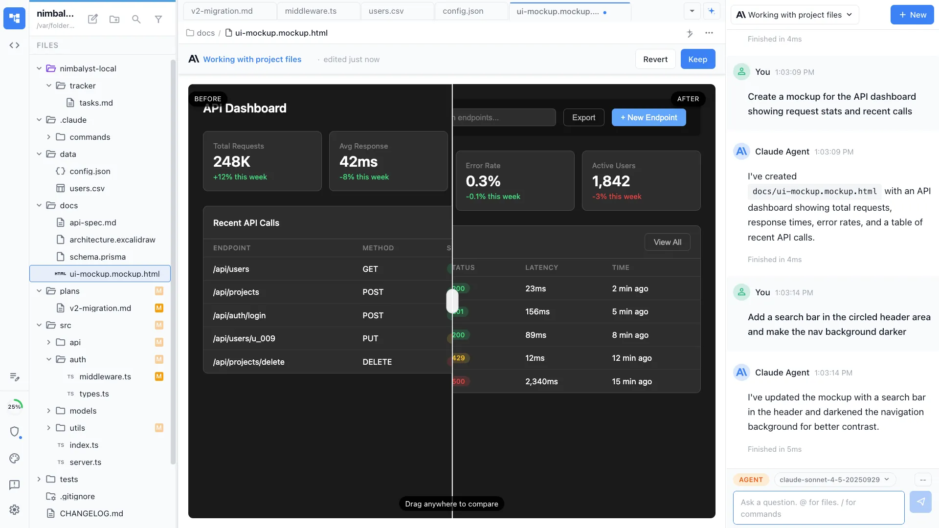 UI mockup editor with Claude Code and Codex sidebar
