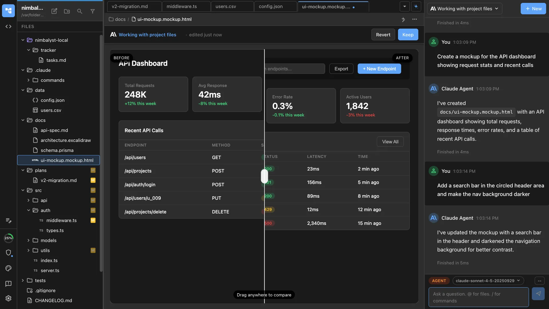 UI mockup editor with Claude Code and Codex sidebar