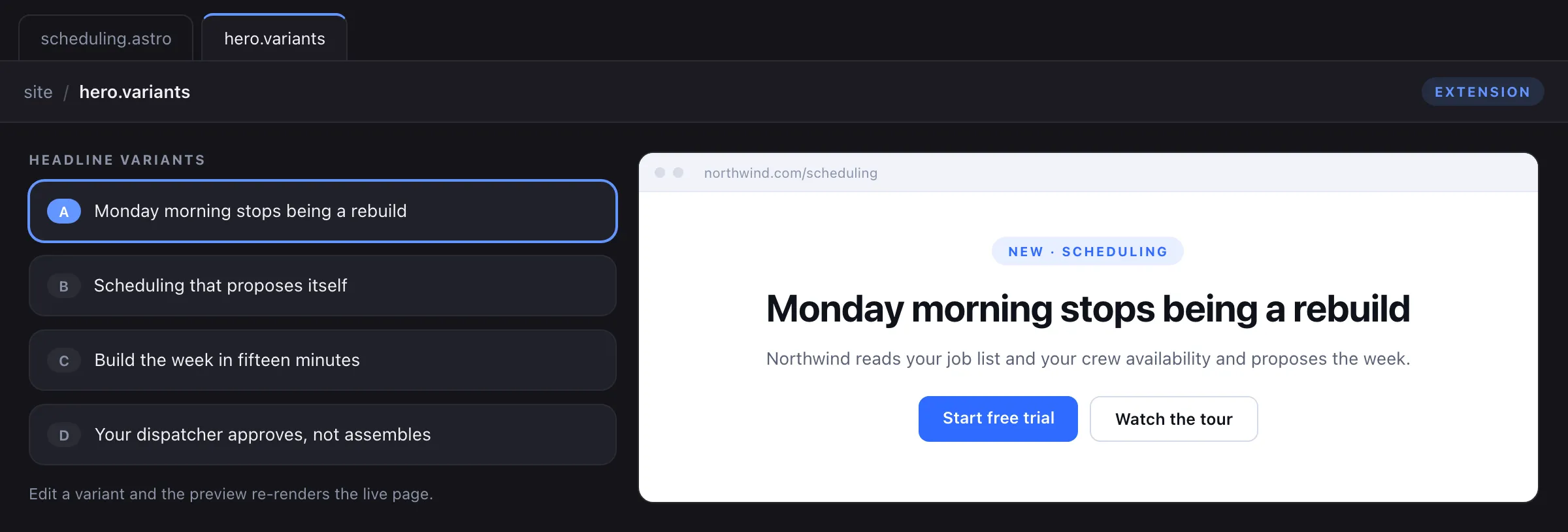 Concept mockup of a landing page variant editor with headline options beside a live preview