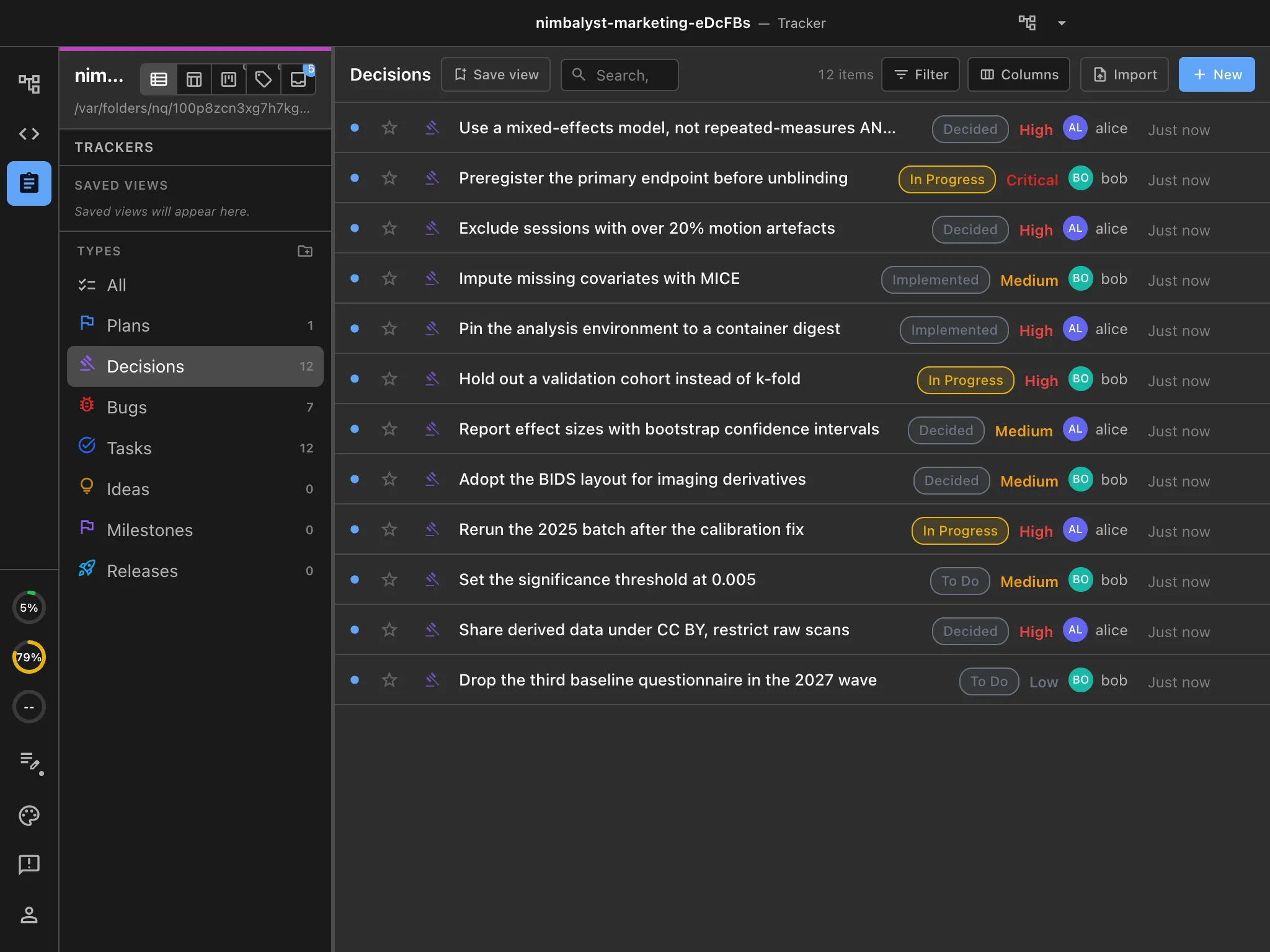 The Decisions tracker in Nimbalyst, listing analysis decisions with status, priority, and owner, beside the plans, bugs, tasks, and ideas trackers