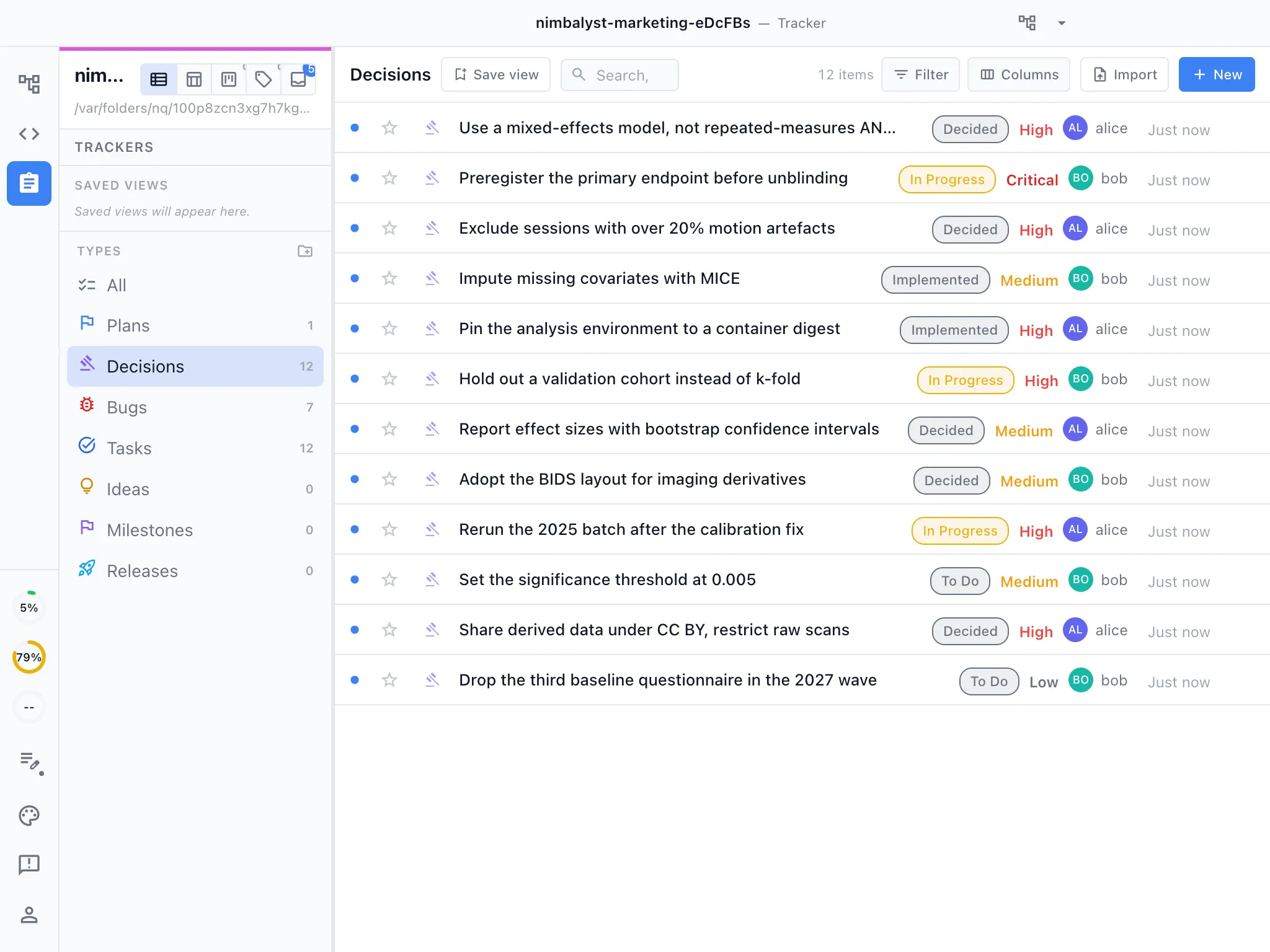 The Decisions tracker in Nimbalyst, listing analysis decisions with status, priority, and owner, beside the plans, bugs, tasks, and ideas trackers