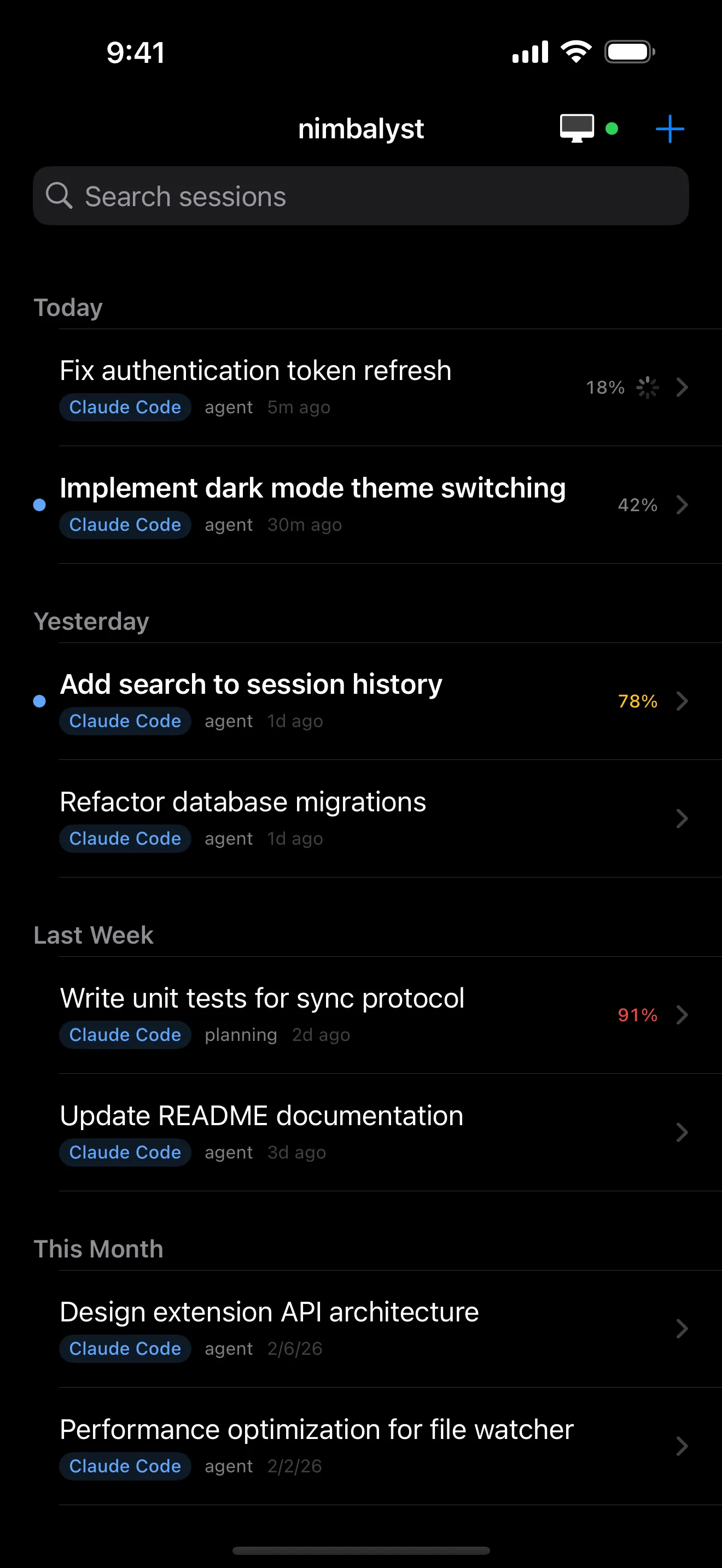 Nimbalyst iOS — session list showing active agent sessions