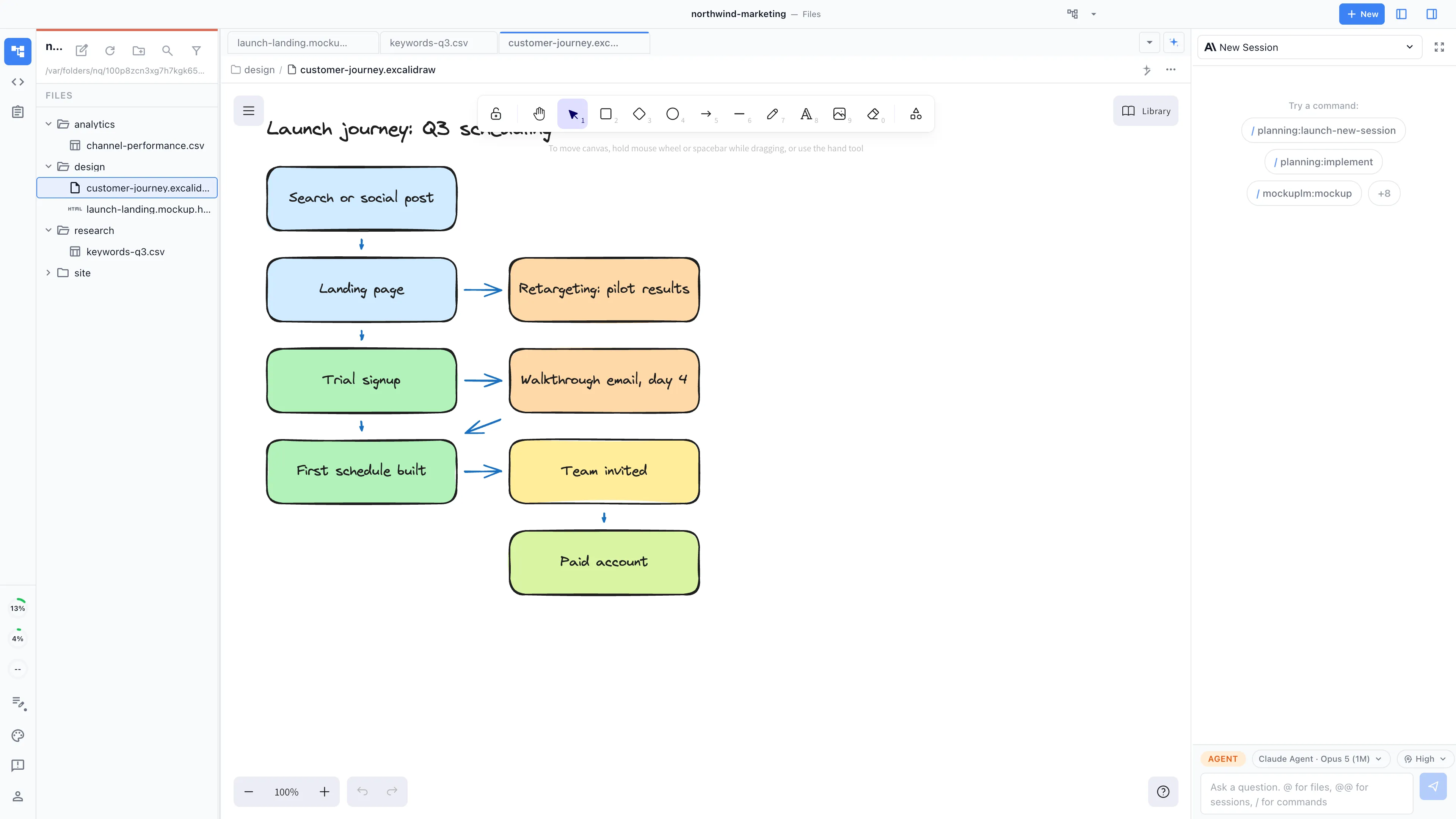 A customer journey diagram open in the Nimbalyst canvas editor with a coding agent in the sidebar