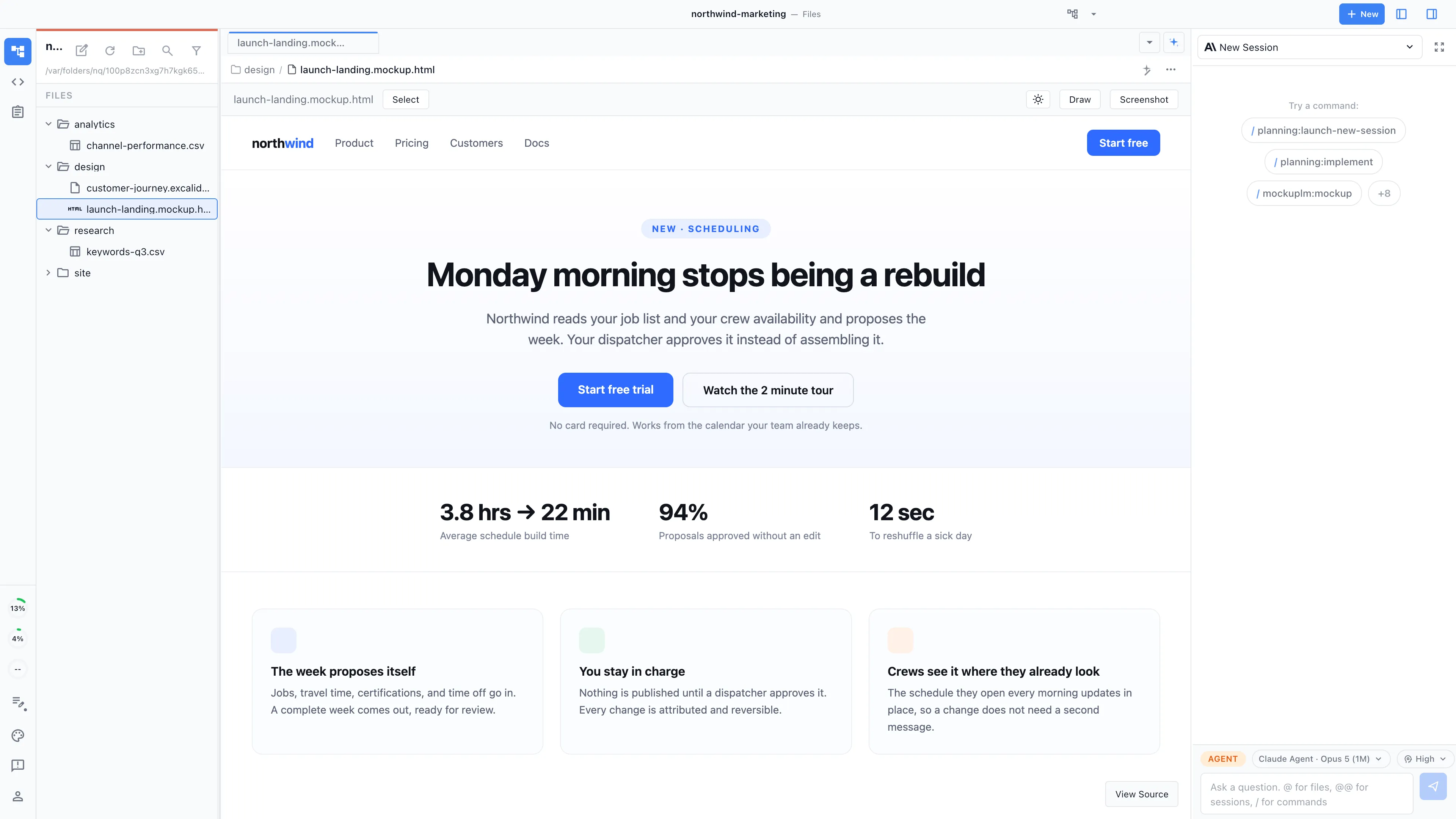 A landing page mockup open in Nimbalyst with a coding agent in the sidebar