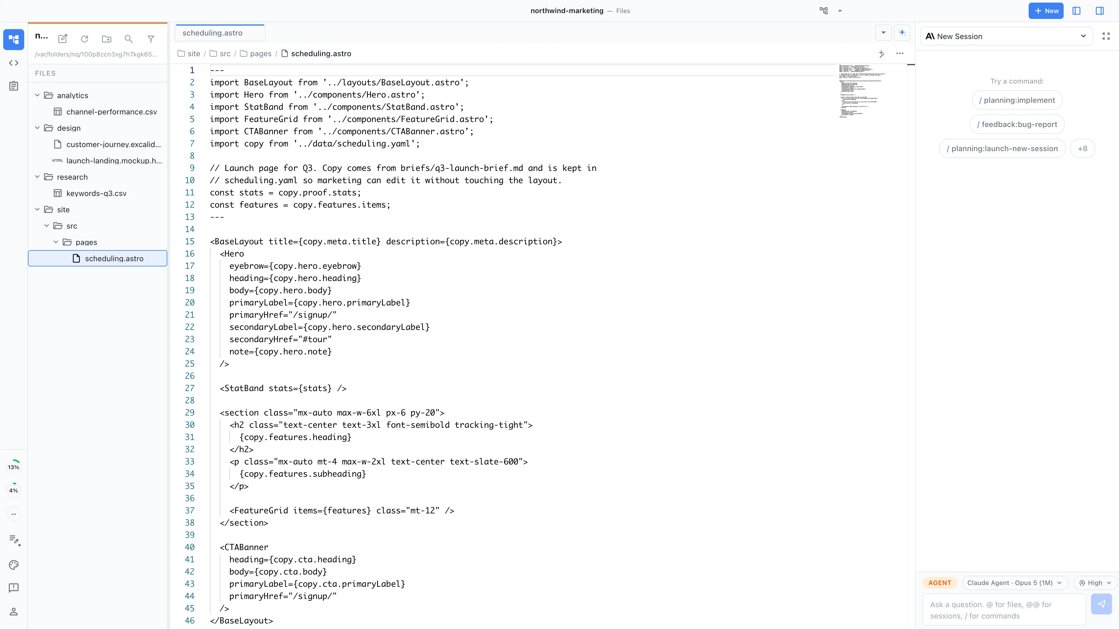 A landing page open as code in Nimbalyst with the agent session beside it