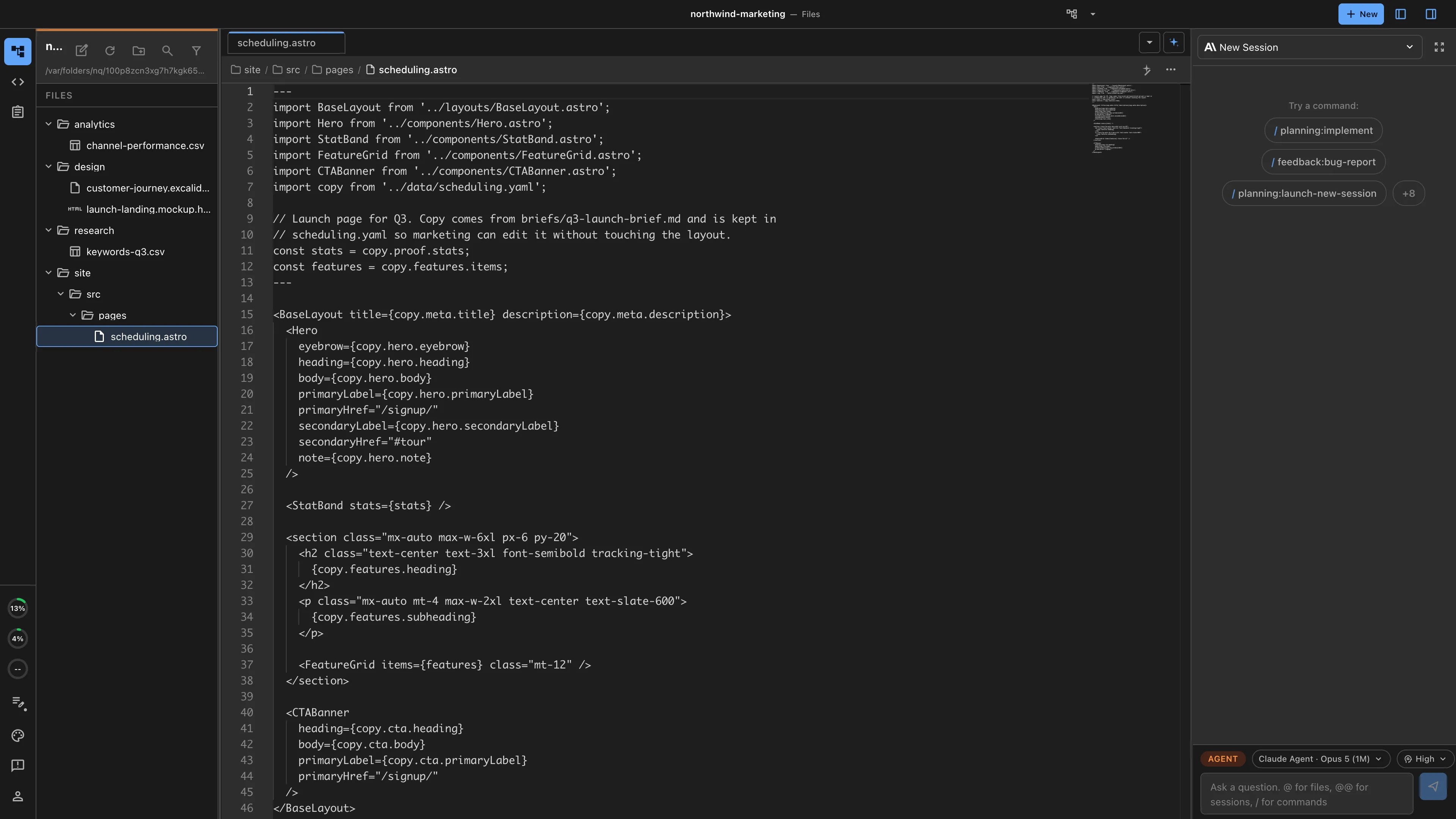A landing page open as code in Nimbalyst with the agent session beside it