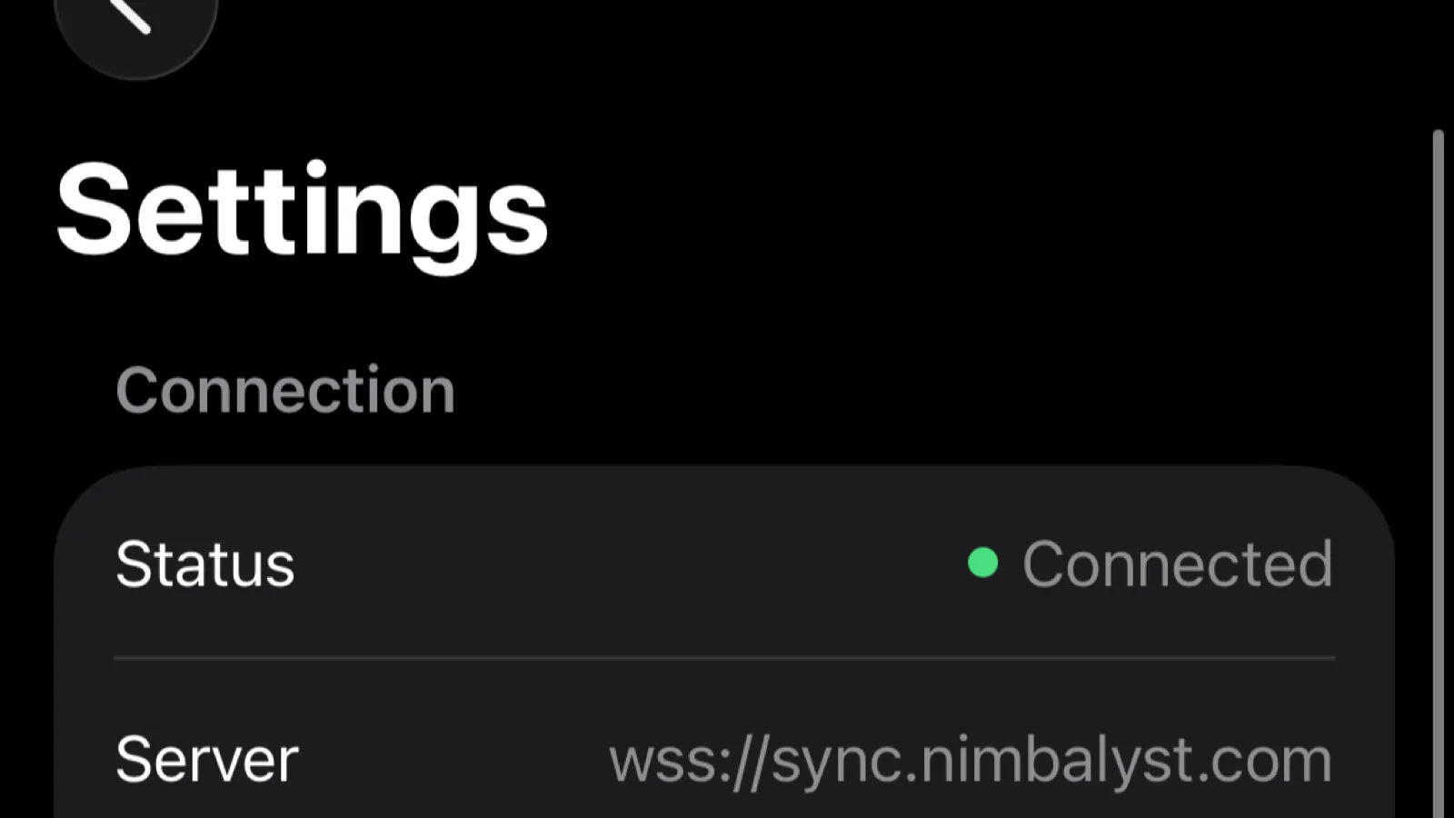 Mobile settings screen showing connected desktop sync status