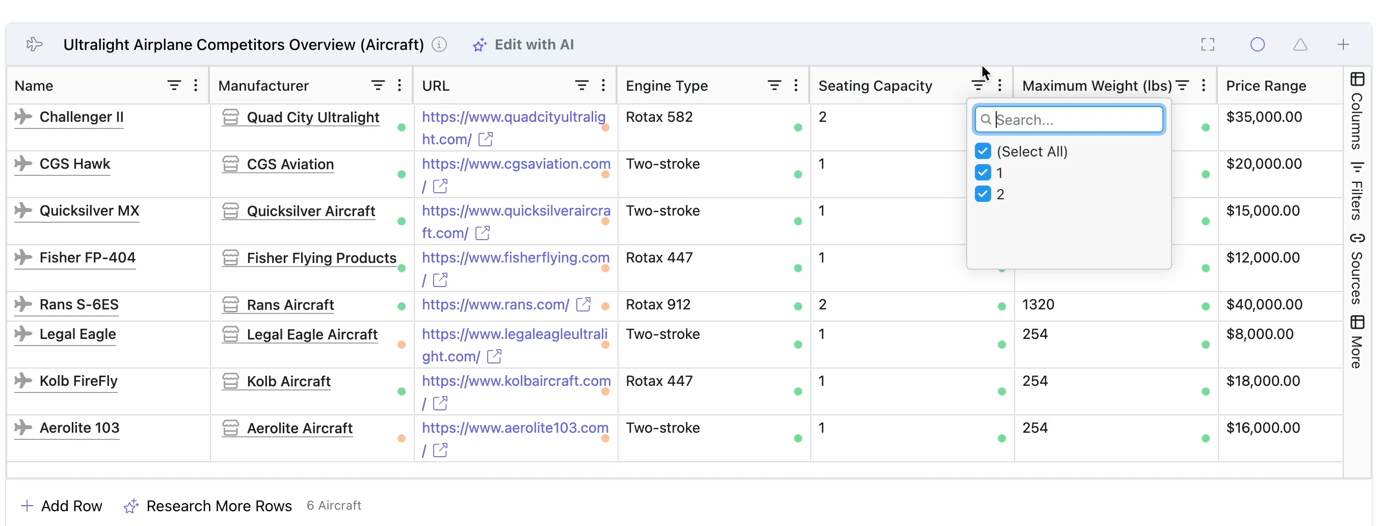 Stravu AI Tables - filter