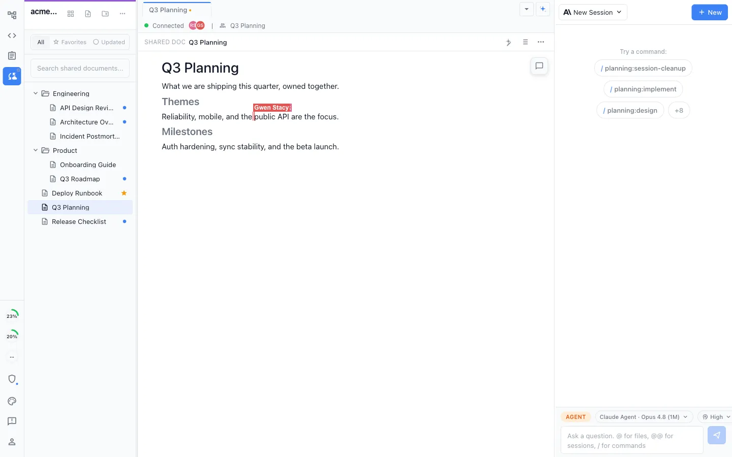 Two teammates editing the same document with presence avatars and a live labeled cursor