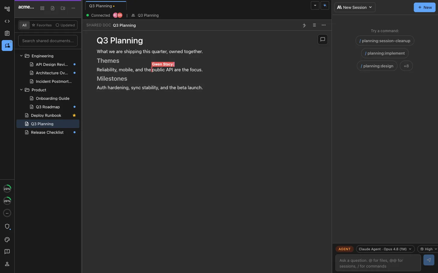 Two teammates editing the same document with presence avatars and a live labeled cursor