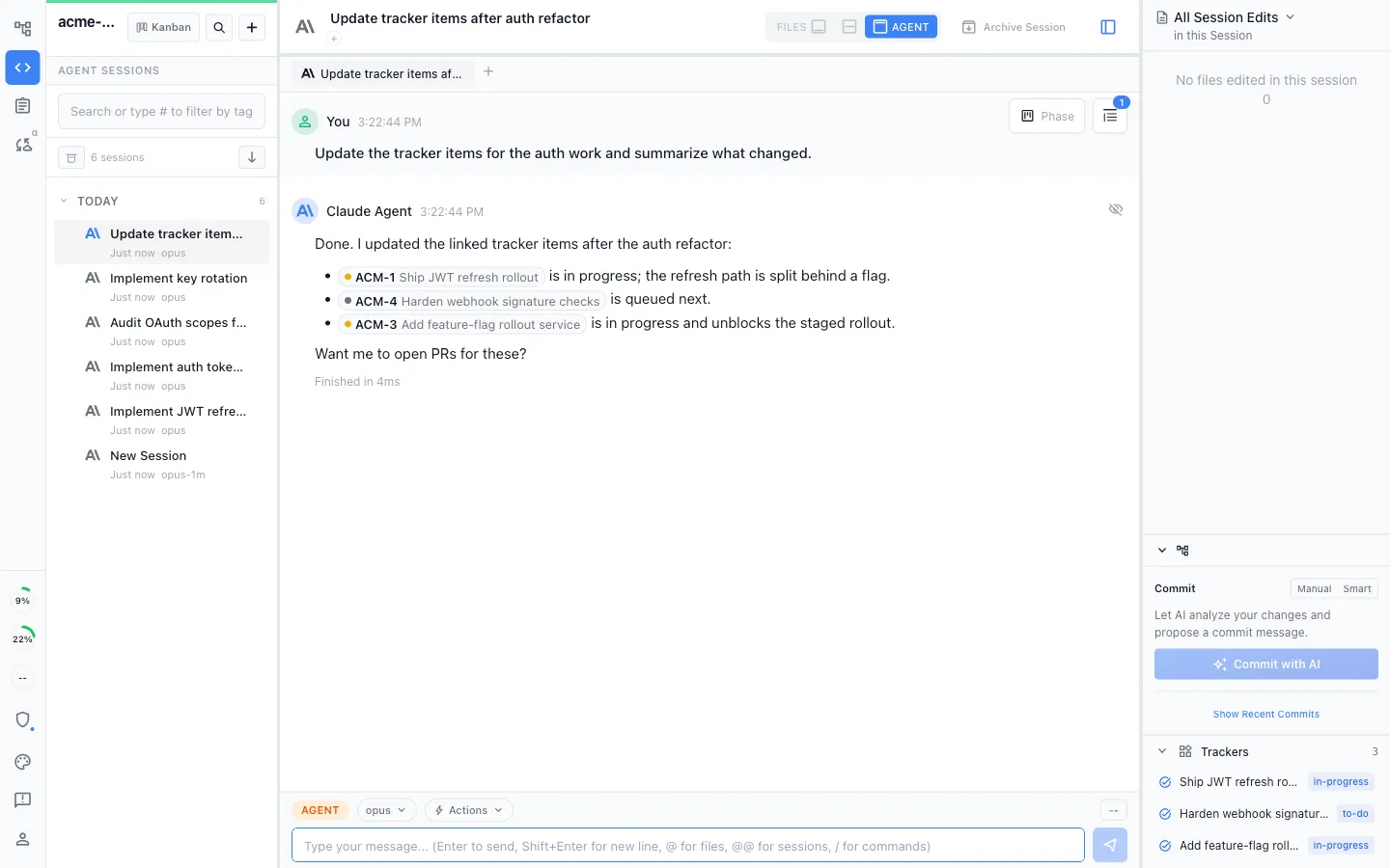 A Claude Code session with a Trackers panel and inline tracker pills, all in one workspace