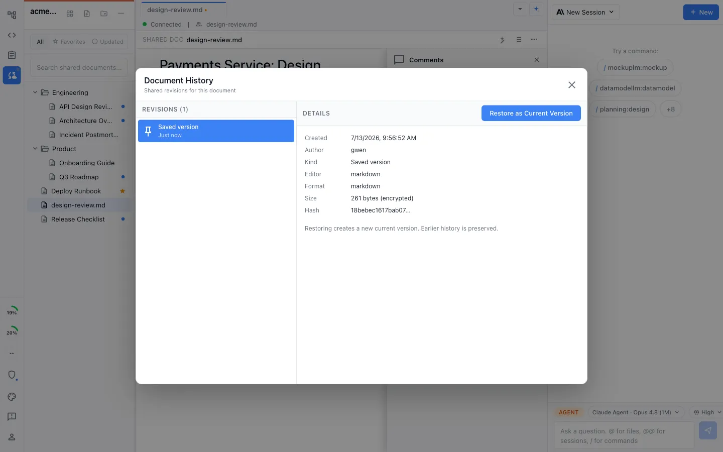 Version history for a shared markdown document in collab mode, with a Restore This Version action