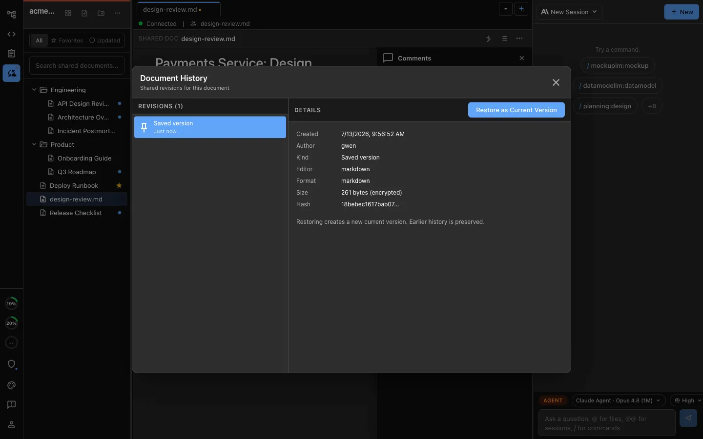Version history for a shared markdown document in collab mode, with a Restore This Version action
