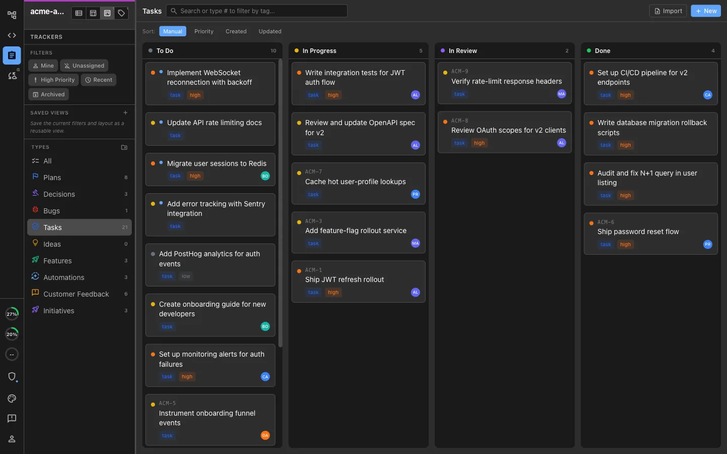 A shared kanban board with team tracker items across columns