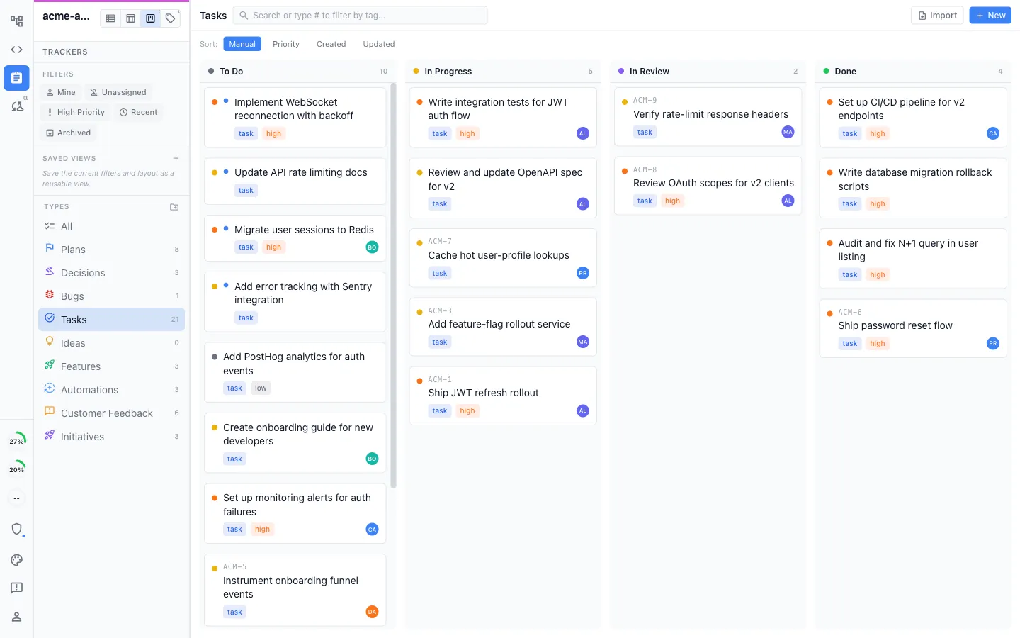 A shared kanban board with team tracker items across columns