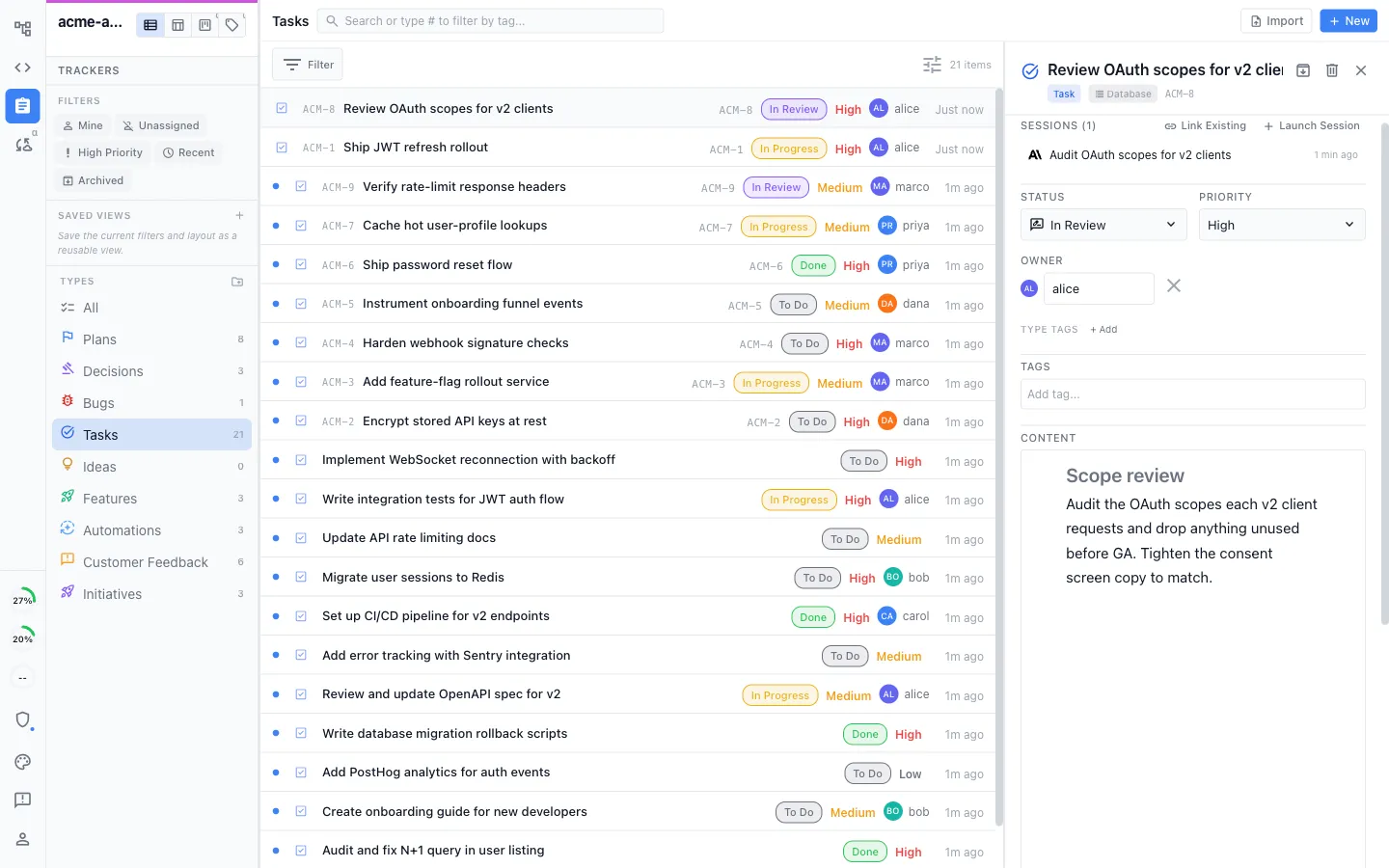 A shared bug board with one bug open, showing a live back-and-forth discussion between three teammates