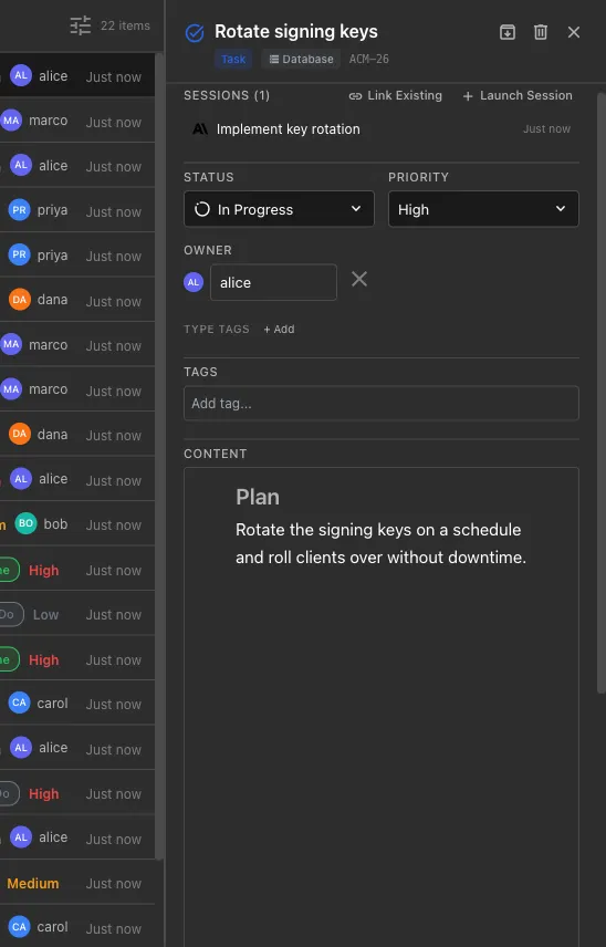 A tracker item detail showing its linked session, with Launch Session and Link Existing actions