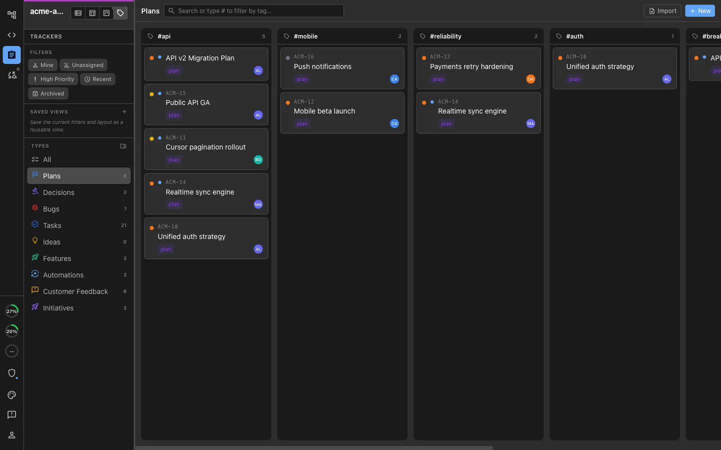 A tracker board grouped by tag, sliced by area and milestone