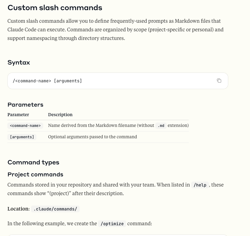 Claude Code documentation describing custom slash commands stored as markdown files