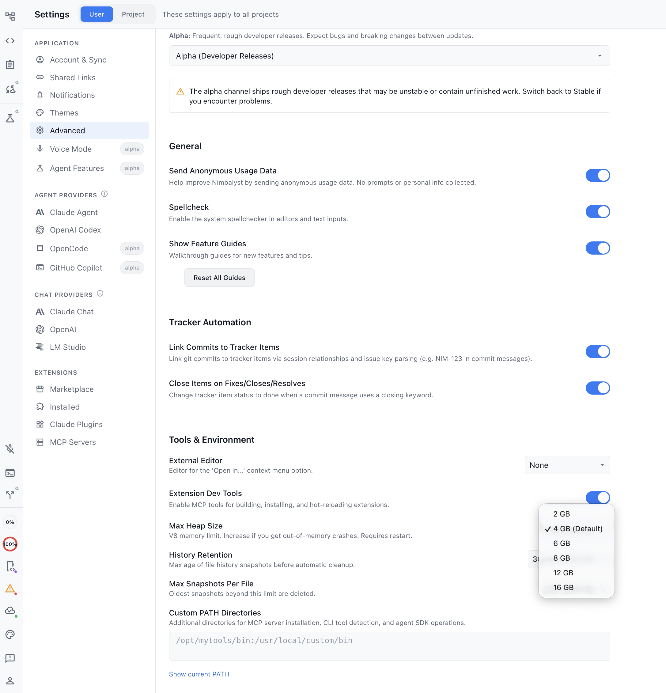 Application settings, Advanced, Tools and Environment, with the Max Heap Size dropdown open