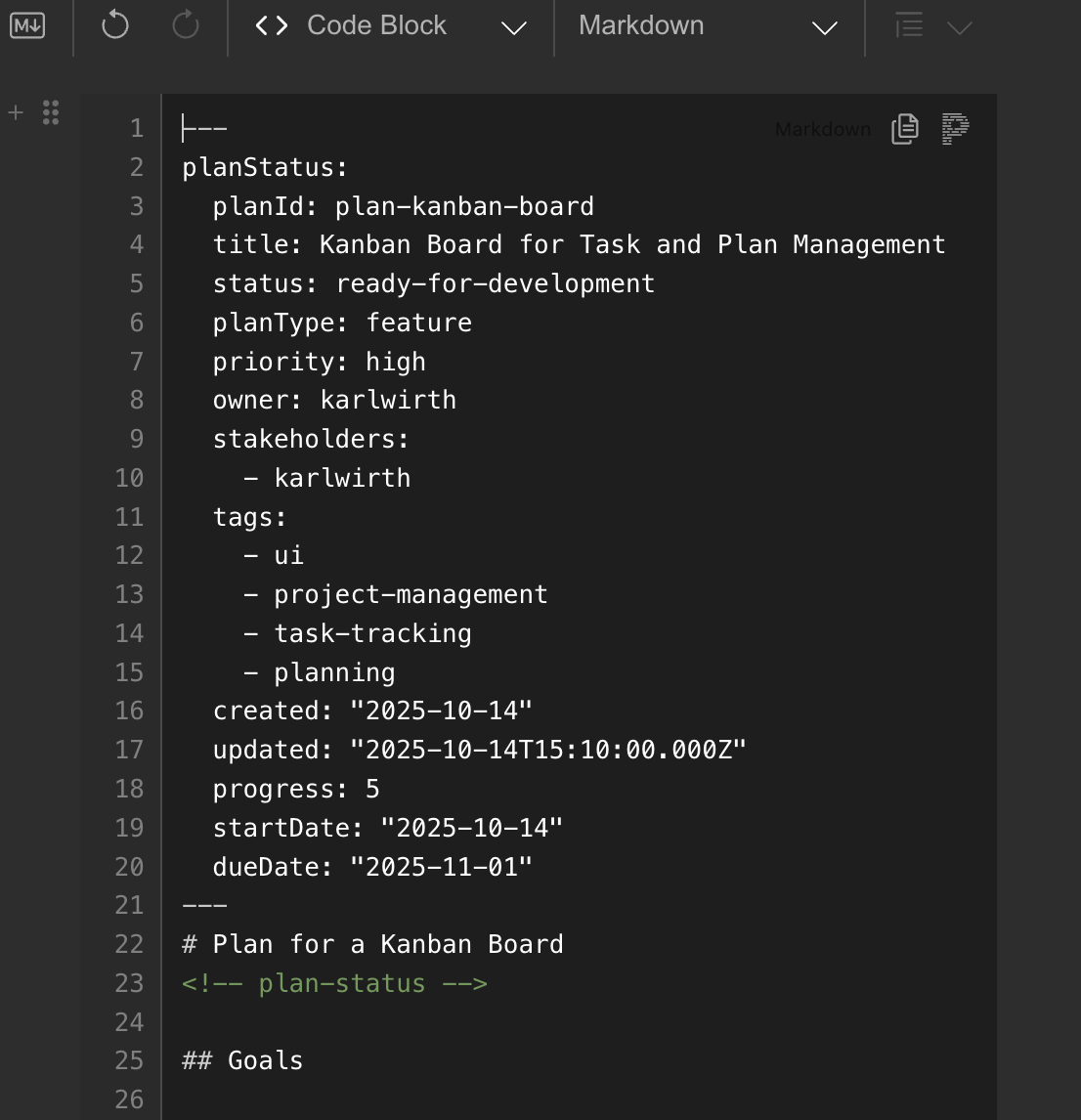 A plan file open in the Nimbalyst editor, showing YAML frontmatter above the markdown body
