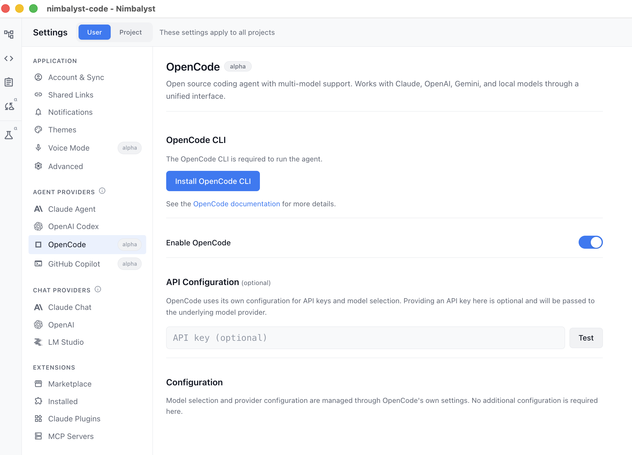 The OpenCode settings panel