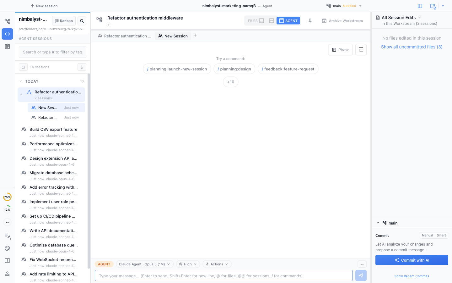 A workstream open in the Agent window with two related session tabs across the top