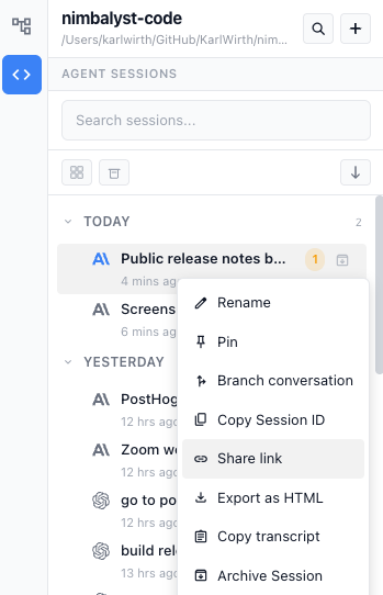 The right-click menu on a session in the session list, showing options including Rename, Pin, Copy Session ID, and Share link