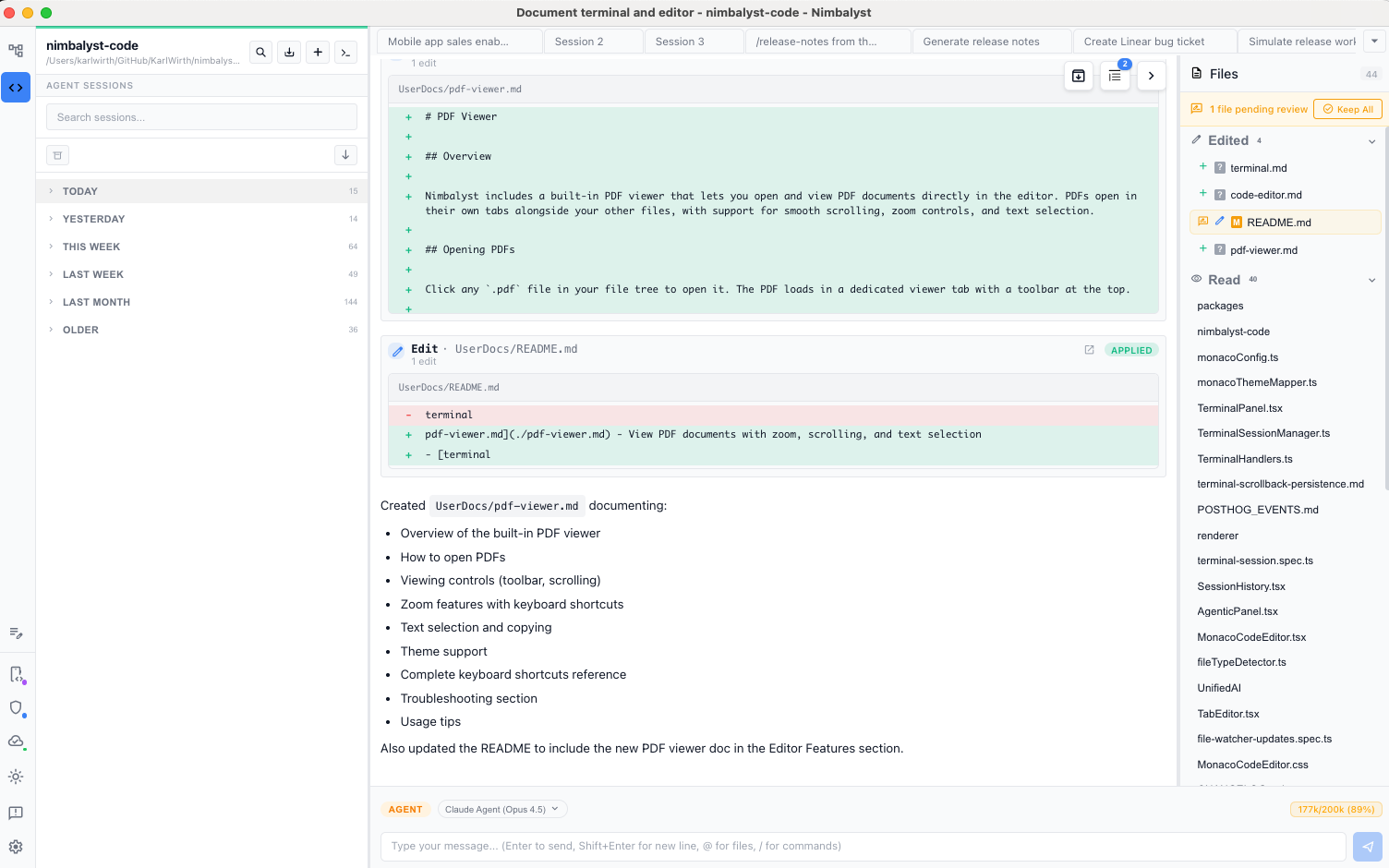 An agent session with the Files sidebar on the right, listing Edited files with status badges and Read files, above a Keep All banner for a file pending review
