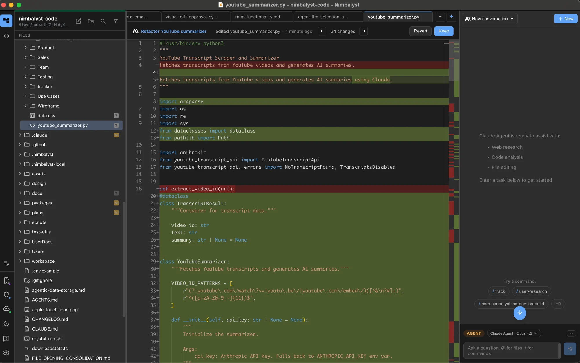 Code open in Nimbalyst's Monaco editor, with the file tree and agent panel beside it