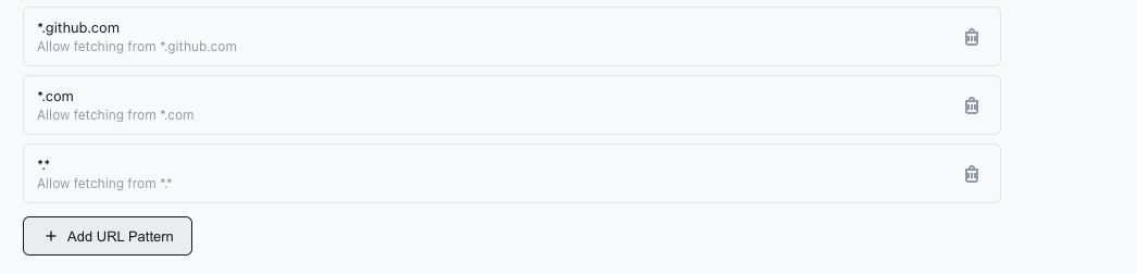 The URL allow list in Agent Permissions, showing wildcard patterns and an Add URL Pattern button