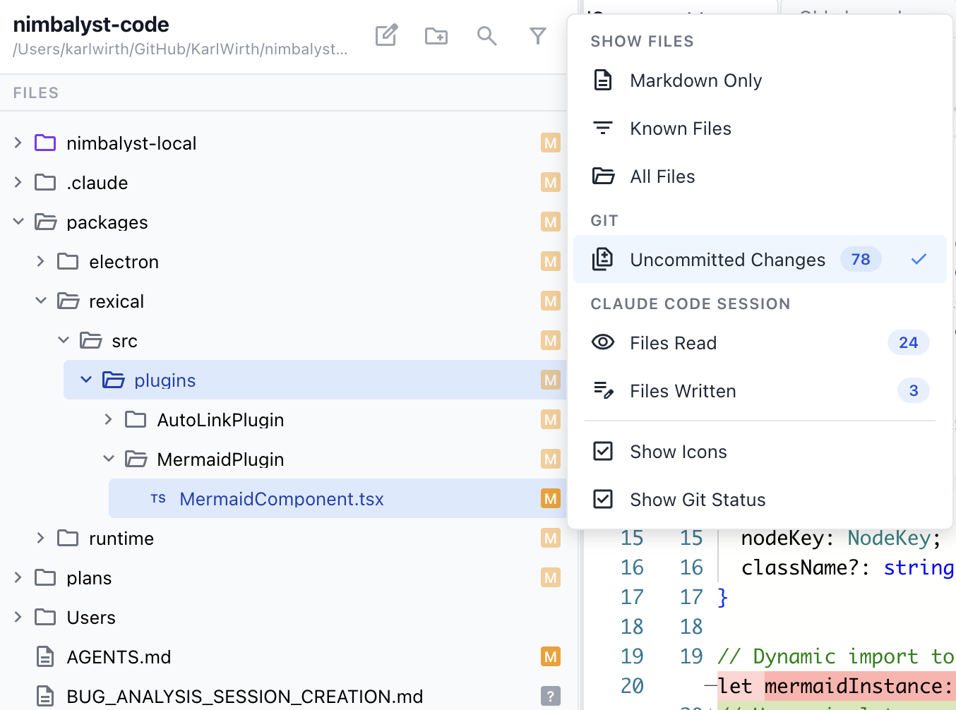 The file tree filter menu in Files mode, with options for Uncommitted Changes, Files Read, and Files Written, and M badges on modified files
