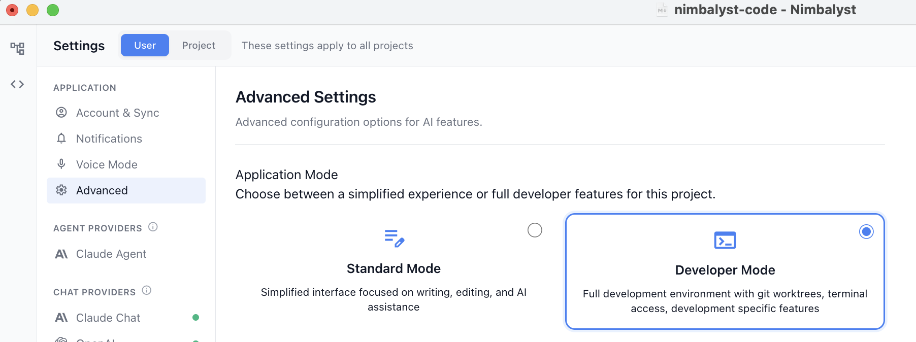 The Advanced Settings panel with Application Mode cards for Standard Mode and Developer Mode, Developer Mode selected