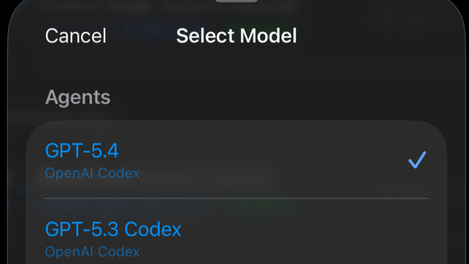 The Select Model sheet showing OpenAI Codex models with the active one checked