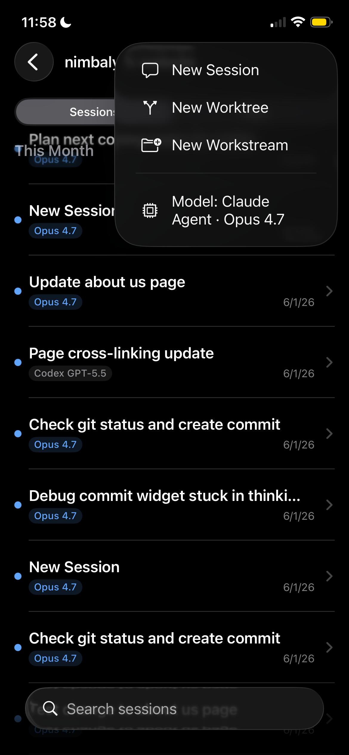 Mobile new session menu showing the Model row at the bottom