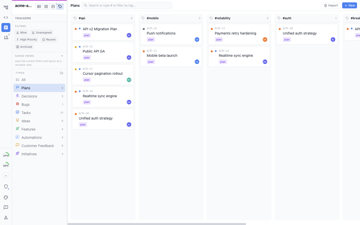 A shared tracker board grouped into tag columns such as API, mobile, reliability, and authentication
