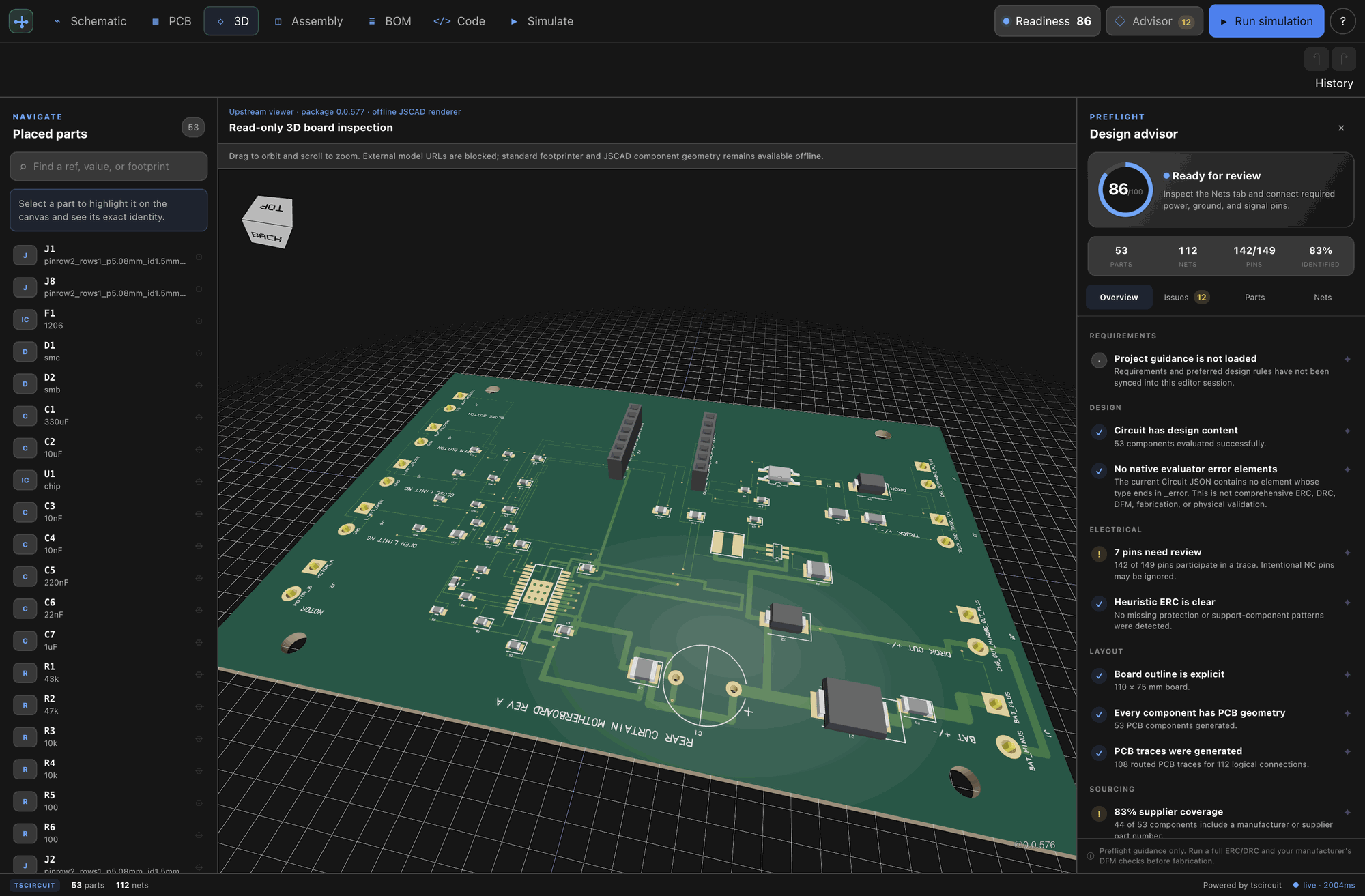 Electronics Studio showing a 3D-rendered Rear Curtain motherboard PCB with a placed-parts navigator and a design-readiness advisor