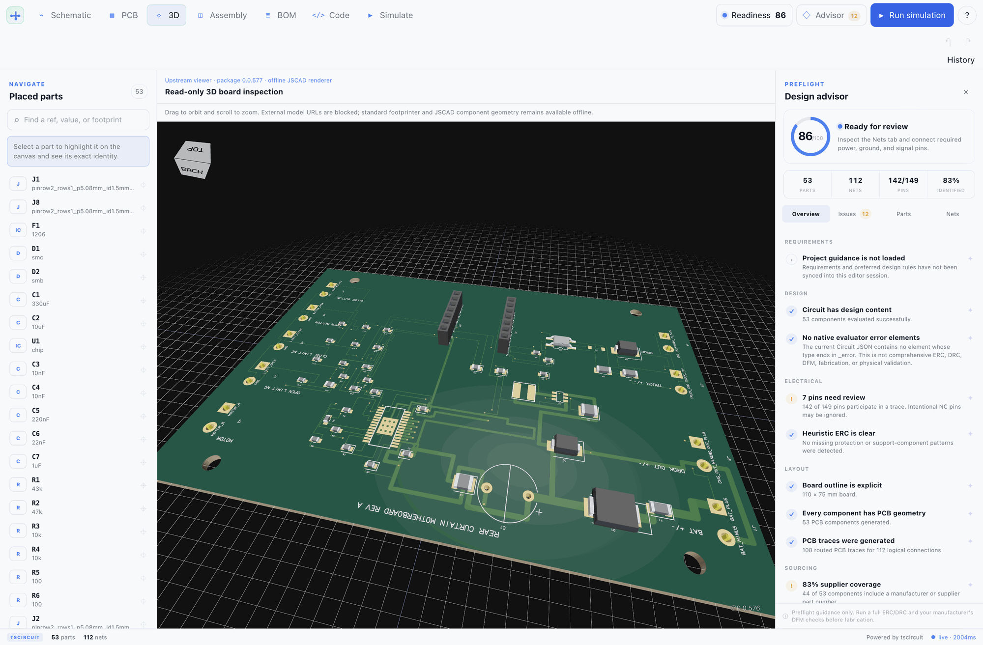 Electronics Studio showing a 3D-rendered Rear Curtain motherboard PCB with a placed-parts navigator and a design-readiness advisor