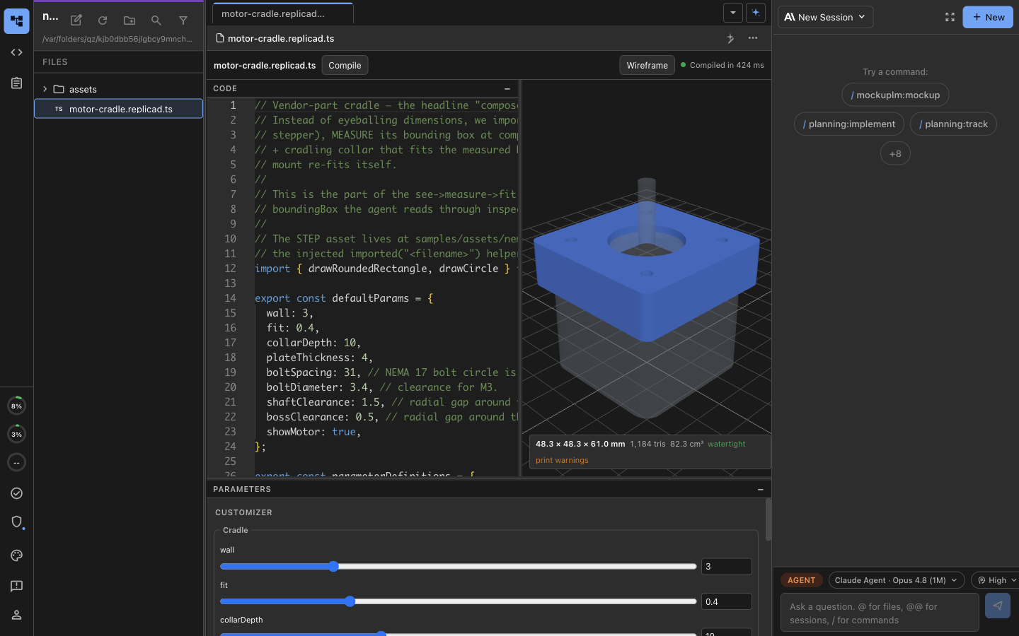 Replicad CAD editor showing a parametric motor cradle with TypeScript code, a live B-rep preview, and Customizer parameters
