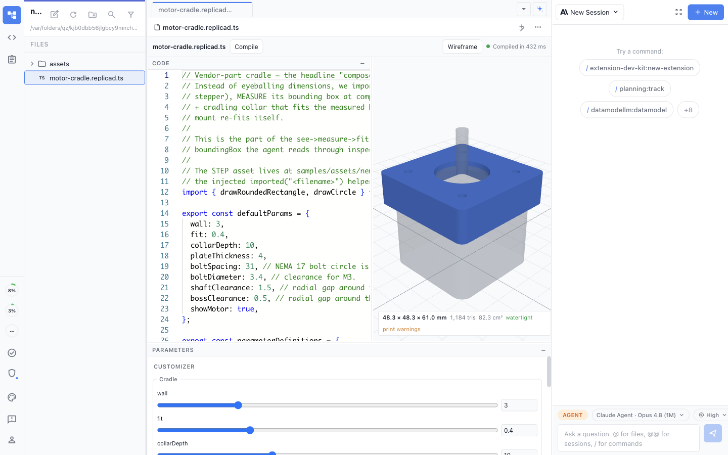 Replicad CAD editor showing a parametric motor cradle with TypeScript code, a live B-rep preview, and Customizer parameters